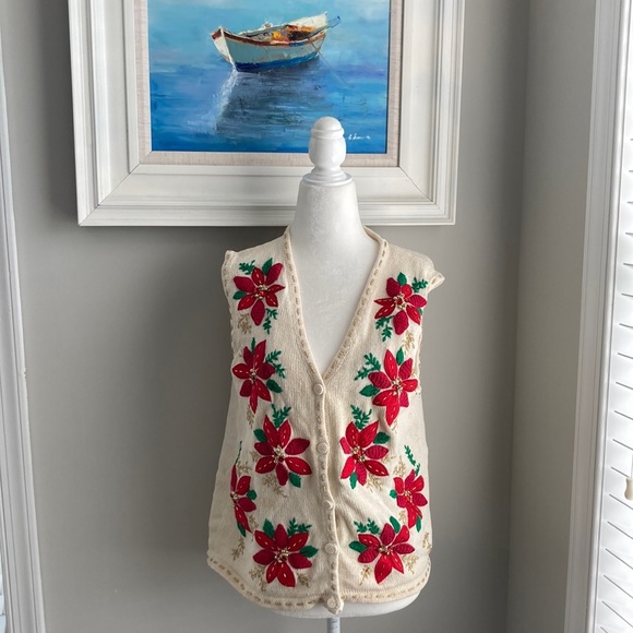 Vintage Sweaters - Vintage 80s 90s One Resource Christmas Poinsettia Sweater Vest Medium